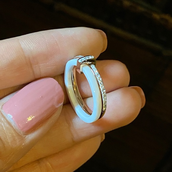 Size 7-8 White Ceramics CZ Double Ring Gold Chunky Ring for Women Annive… - Picture 3 of 4